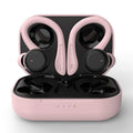 Black wireless sports earphones with removable ear hooks showing charging case and multiple earbud sizes