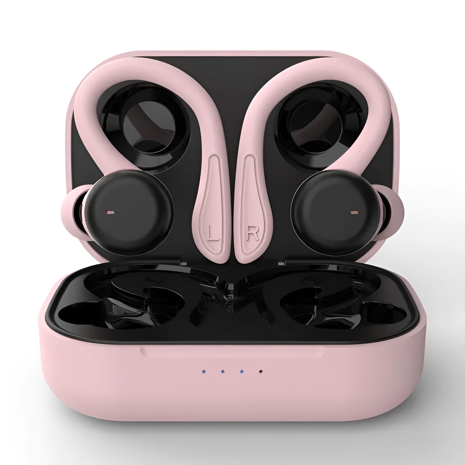 Black wireless sports earphones with removable ear hooks showing charging case and multiple earbud sizes