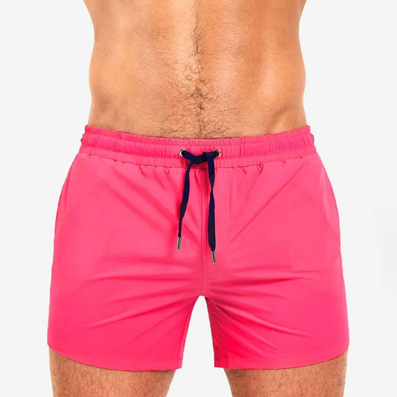 Polyester sports shorts with mesh lining in six colours: white, red, sky blue, dark blue, army green, rose red.