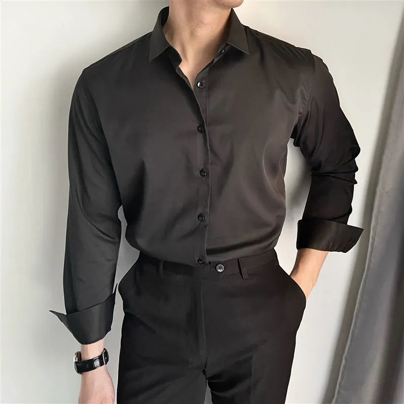 Men's Korean slim fit solid colour shirt in white, cardigan style, polyester blend, available in multiple sizes