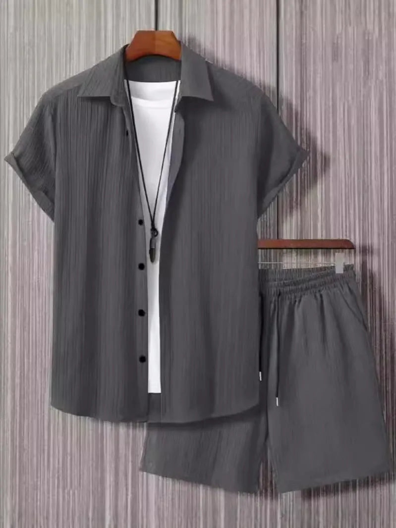 Mens black and white jacquard short sleeve suit set with shorts