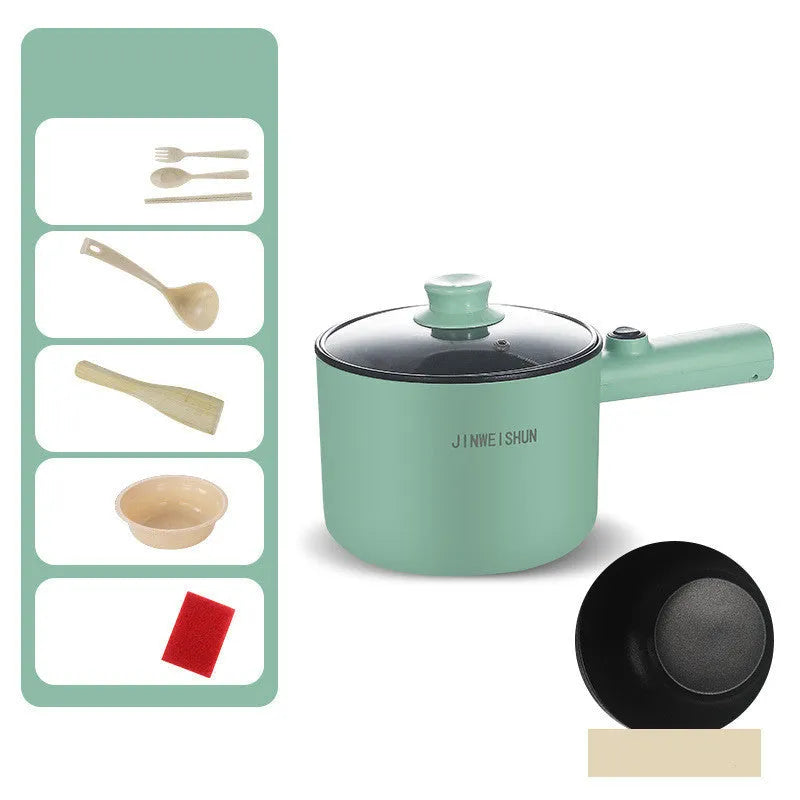 Mini hot pot electric cooker in green with stainless steel body, non-stick pot, and steam grid option for portable cooking