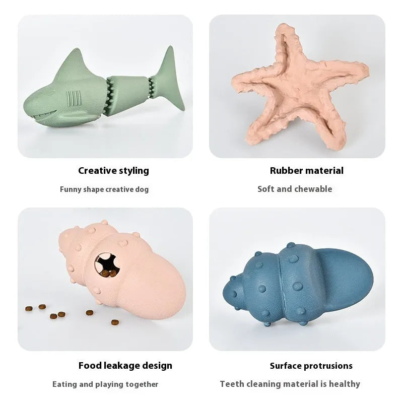 Deep sea shark themed rubber dog toy in conch or starfish design, blue or green colour