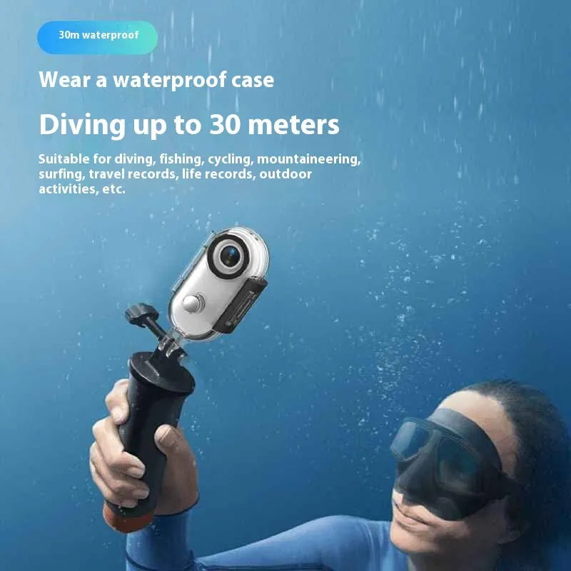 Mini 4K action camera with magnetic mount and waterproof housing in black on a white background
