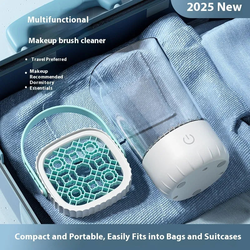 White rechargeable electric makeup brush cleaning station with automatic sanitising function