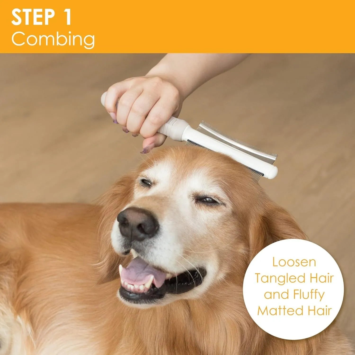 White double-sided pet grooming brush showing comb and deshedding sides, with ergonomic anti-slip handle.