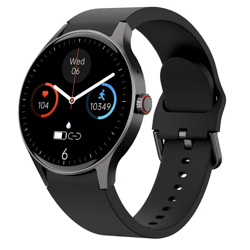 Smart Bluetooth sport watch with circular touchscreen display in black stainless steel case