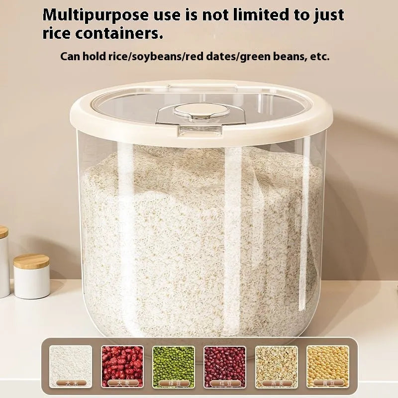 Transparent plastic grain storage tank with sealed lid, insect-proof and moisture-proof, available in 5kg to 25kg capacities, with rice measuring cup.