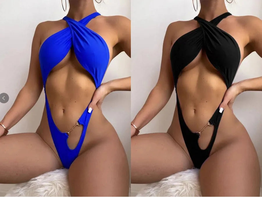 Women's one-piece swimsuit bikini in solid blue colour polyester with spandex lining