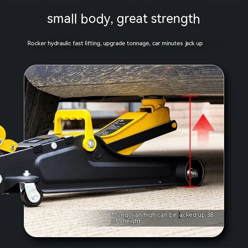 Horizontal low profile hydraulic car jack with handle, for tyre changes, 2.5T or 3T capacity