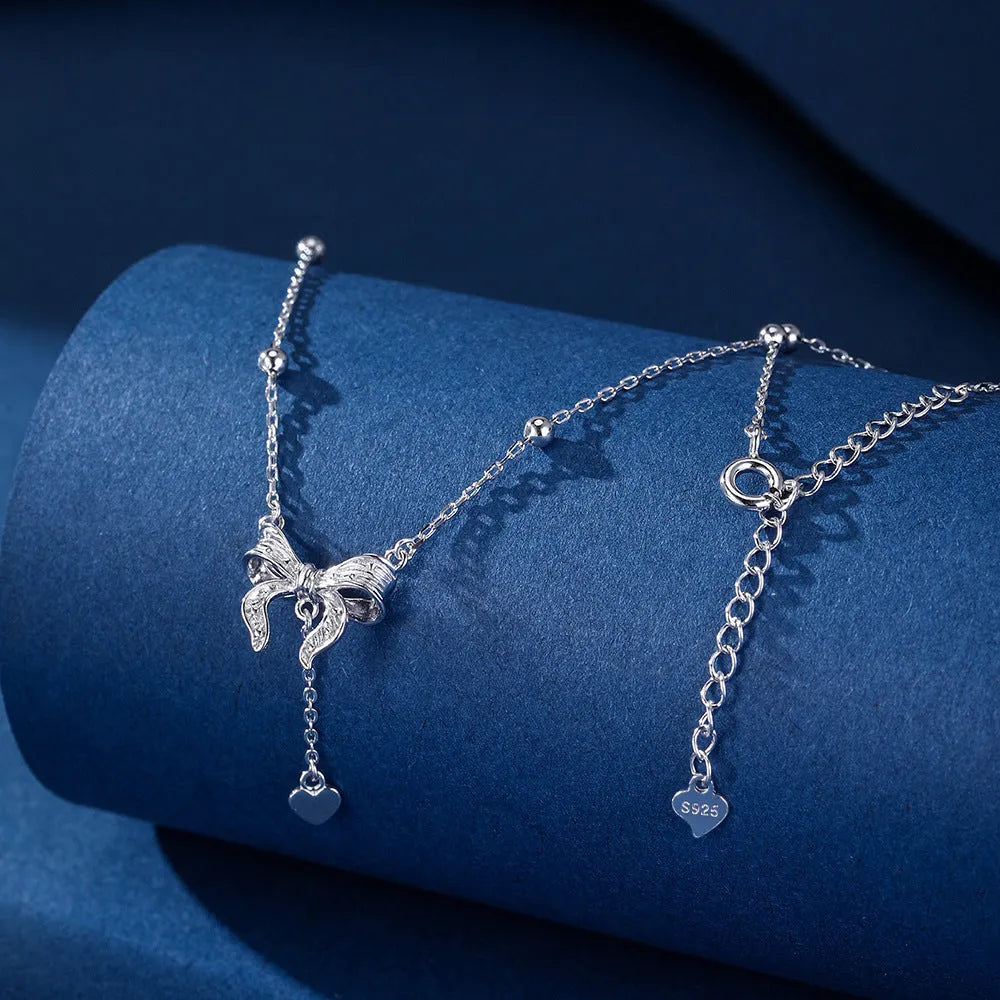 925 silver adjustable clavicle chain necklace with butterfly and heart pendants on O-ring chain