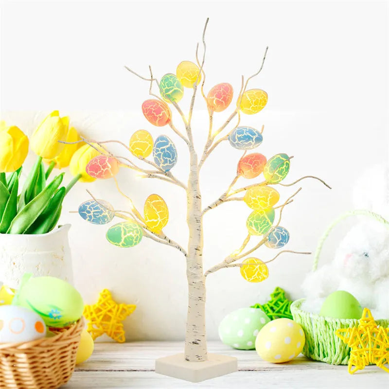 60cm birch-style Easter tree with warm white LED lights and cracked egg ornaments on a tabletop