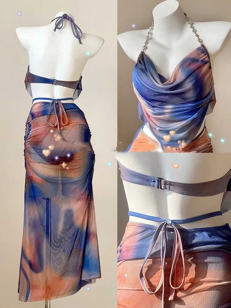 Women's three-piece bikini swimsuit in blue printing with steel support push-up bra and matching skirt