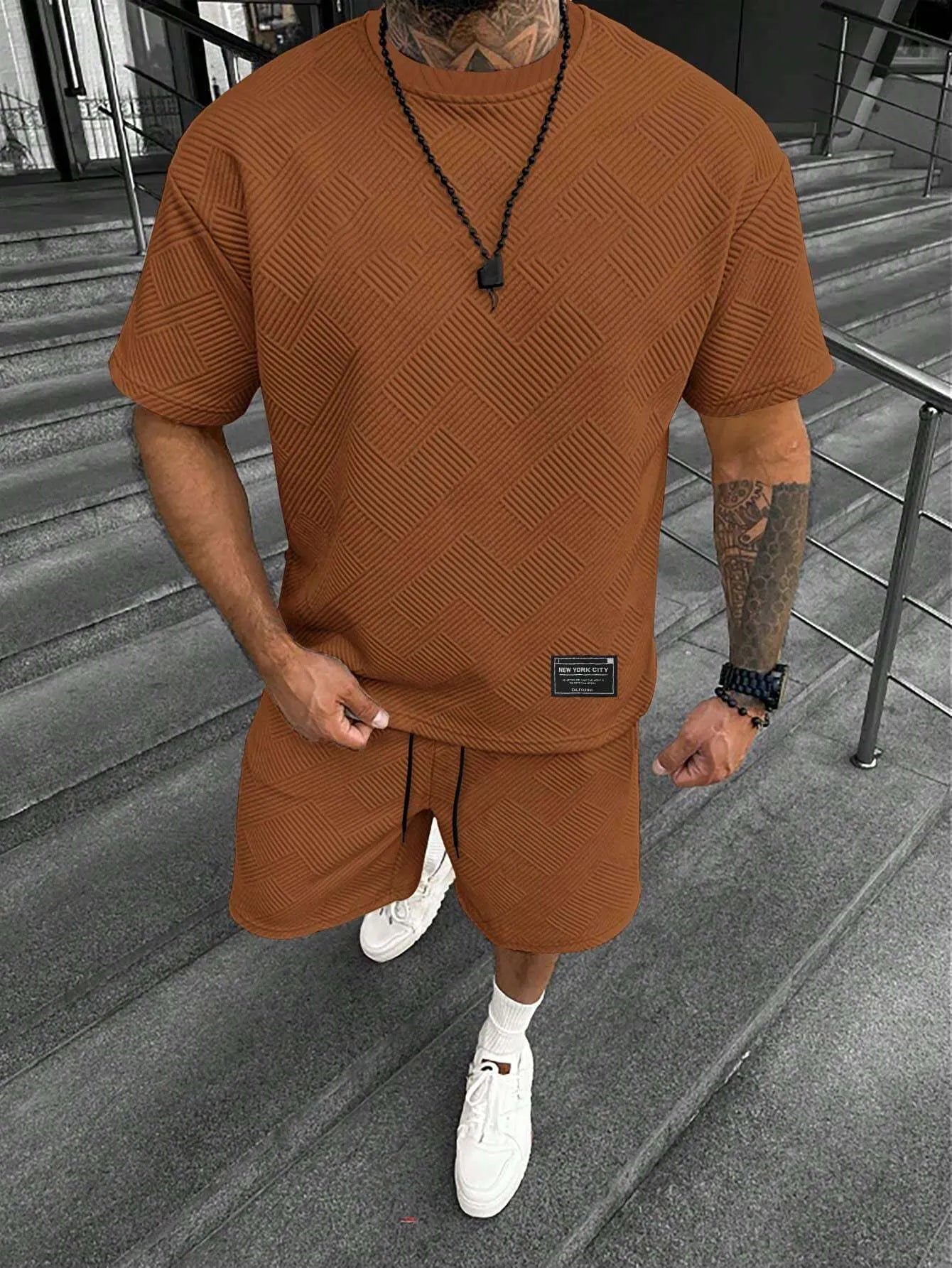 Men's short sleeve shorts suit with printed pattern, polyester fabric, in multiple colours and sizes