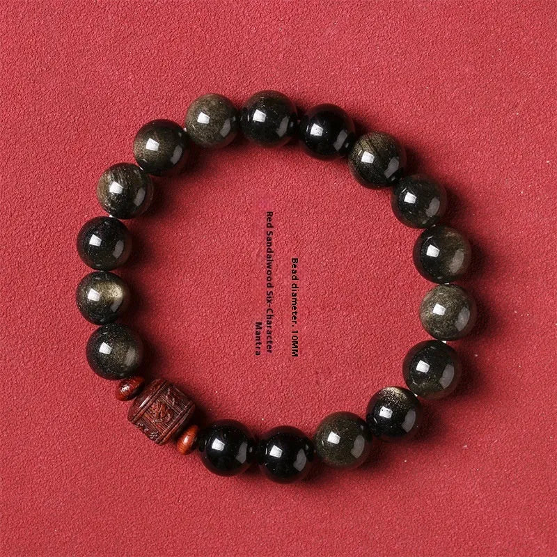 Hand-woven unisex 10mm round Golden Obsidian bracelet in retro National style