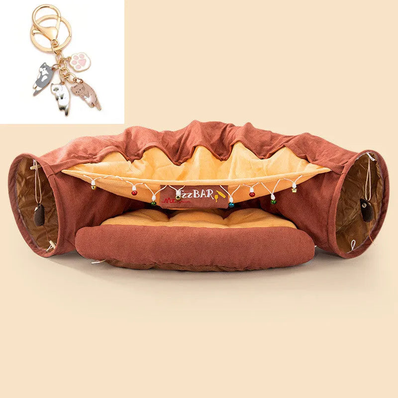 Collapsible cloth cat tunnel shown in one of four colours: Bar, Coffee, Matcha, or Pink.