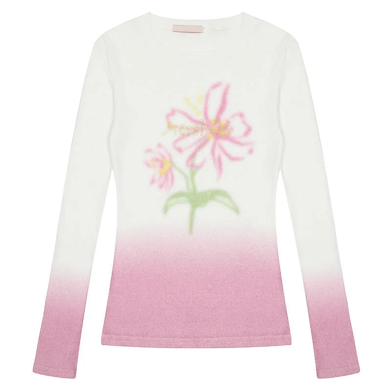 Women's gradient flower long-sleeved T-shirt in light pink, thin polyester fabric, available in sizes S M L