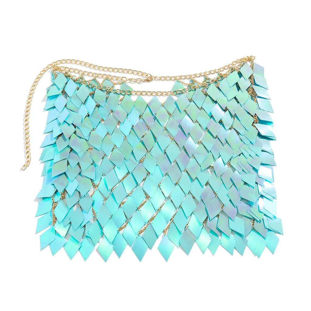 Women's geometric plastic body chain with electroplated finish in orange and blue colour options for beach casual wear