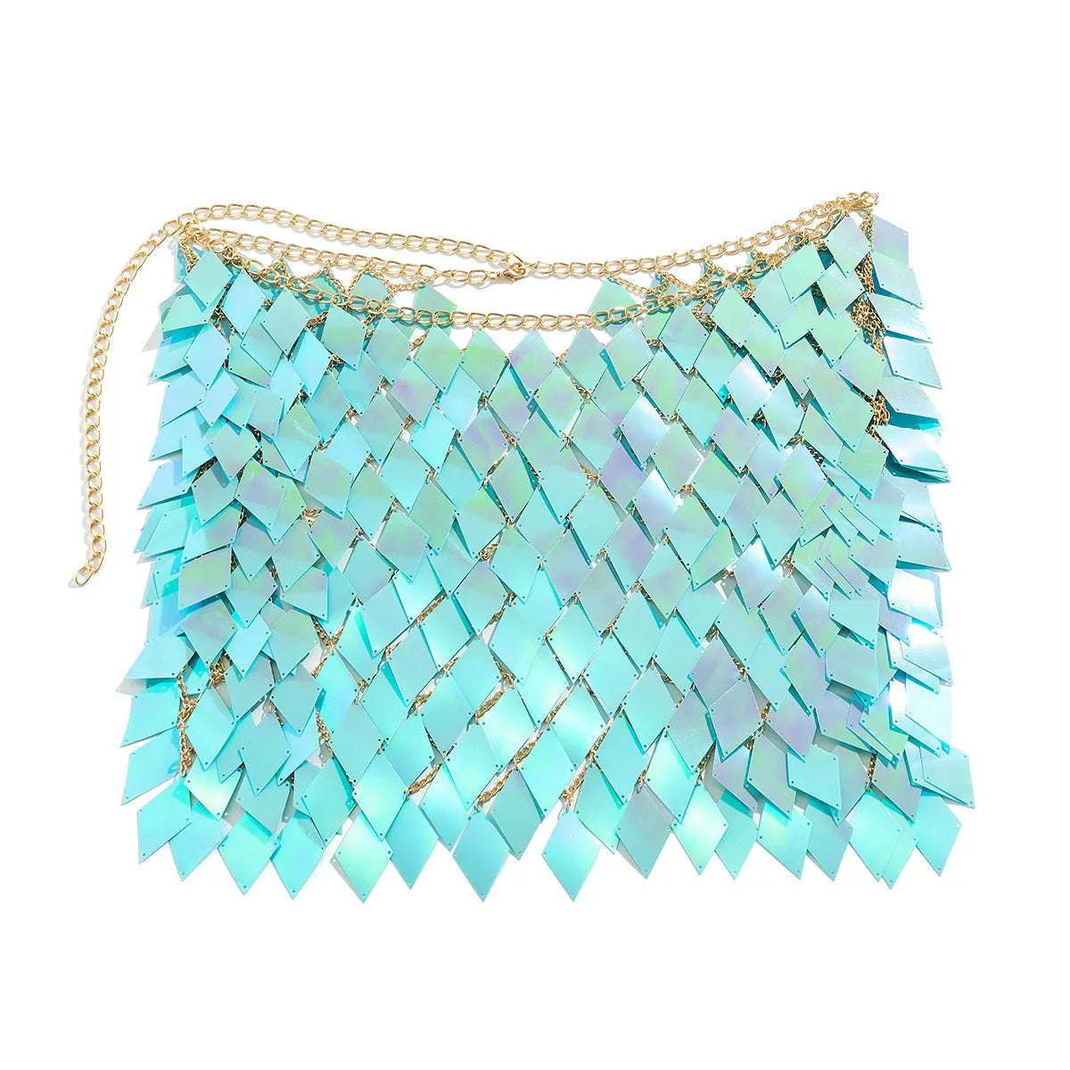 Women's geometric plastic body chain with electroplated finish in orange and blue colour options for beach casual wear