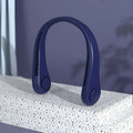 Blue USB rechargeable bladeless neck fan being worn, showing lightweight flexible neckband
