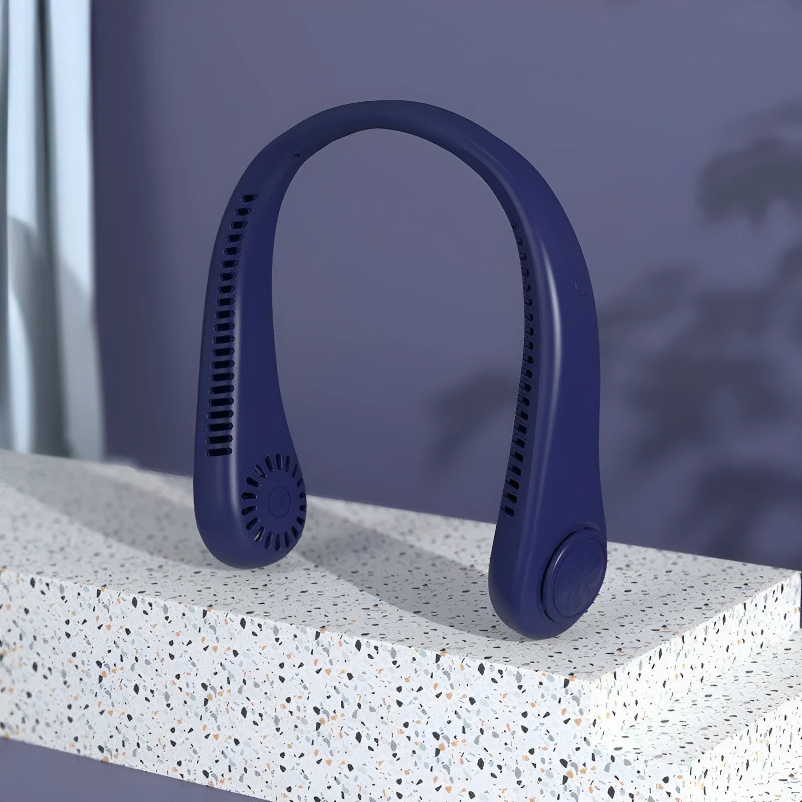 Blue USB rechargeable bladeless neck fan being worn, showing lightweight flexible neckband