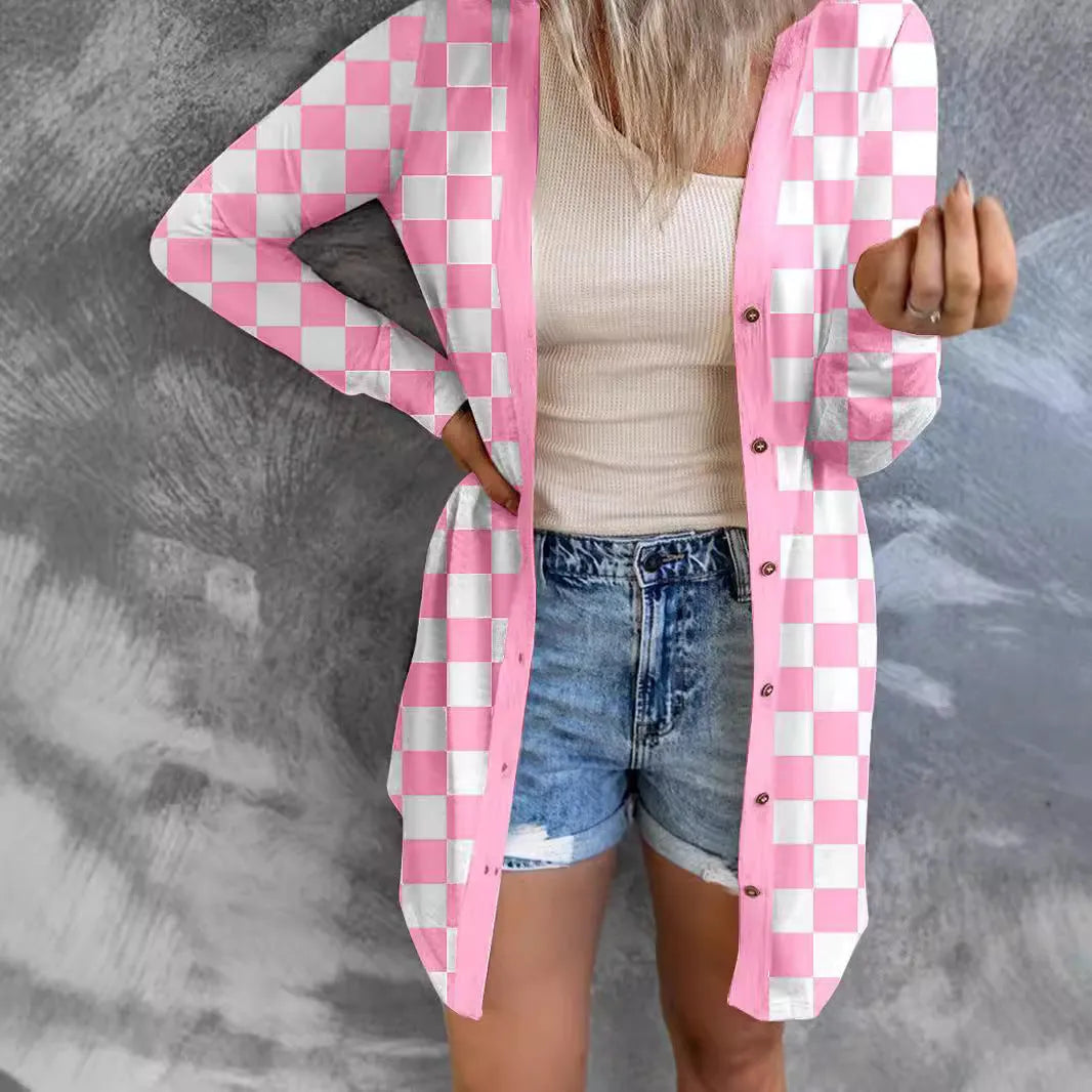 Long grey plaid pattern cardigan coat on a model, showing loose knit and regular sleeves.