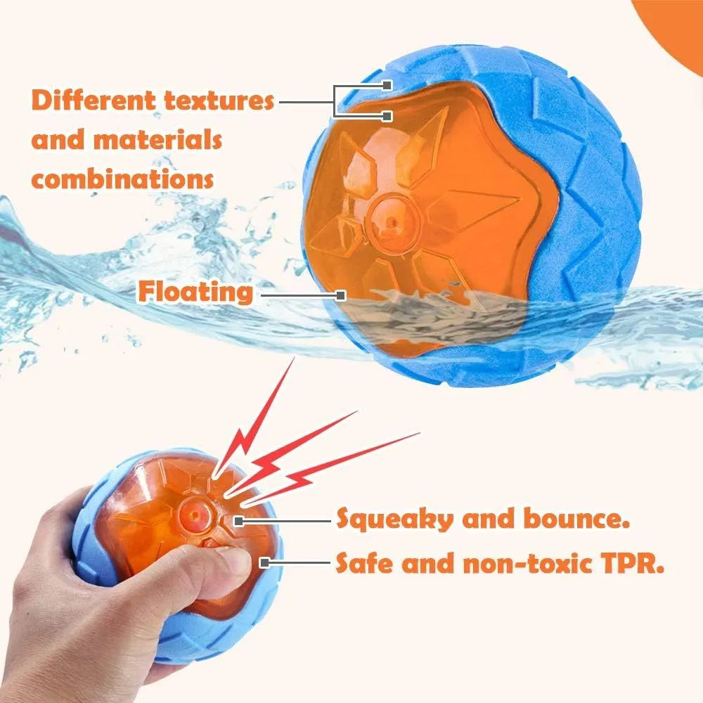 Set of three TPR dog toys: a spiked ball, a barbell, and a tire, shown as floating squeaky toys for water fetch.
