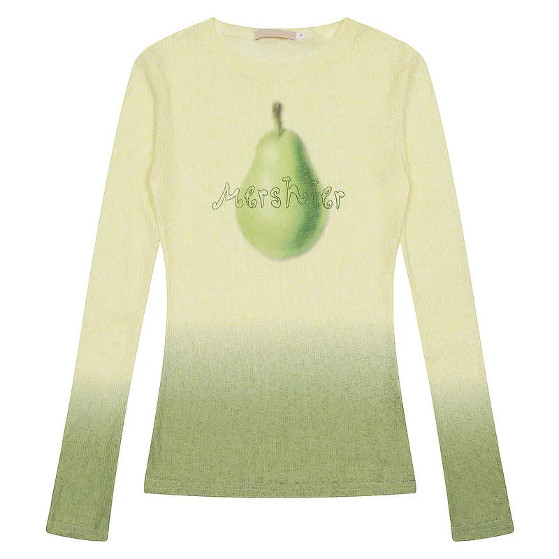 Women's gradient flower long-sleeved T-shirt in light pink, thin polyester fabric, available in sizes S M L