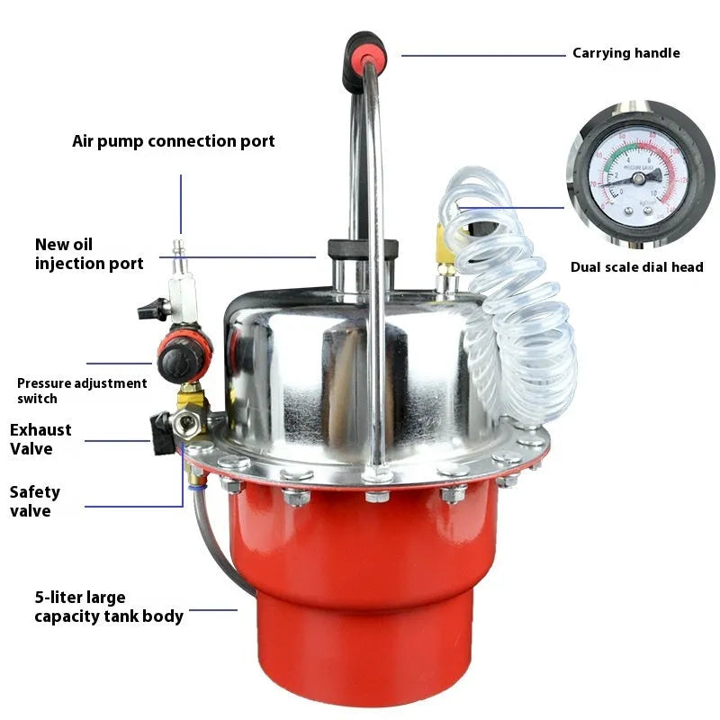 Pneumatic brake fluid replacement machine with pressure gauge and transparent drain hose