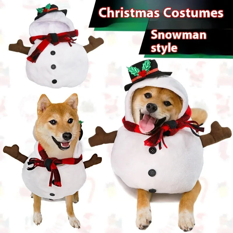 Christmas snowman design dog costume made of polyester on a light background, available in sizes S M L XL