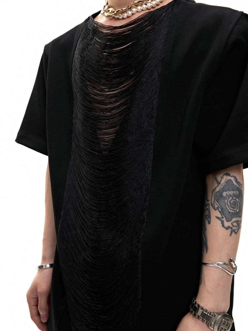 Men's black loose fit t-shirt with hollow out V-neck and short sleeves