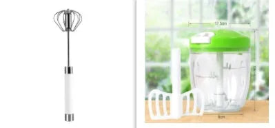 Semi-automatic stainless steel egg beater whisk with hand pressure rotating handle, silvery colour, on white background