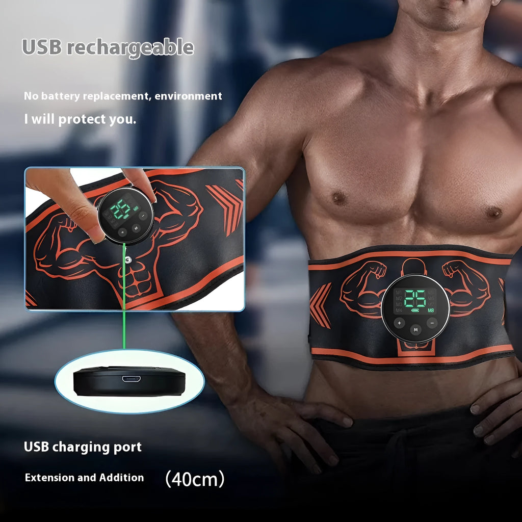 EMS massage belt with rechargeable control unit and arm stimulation stickers in blue or orange