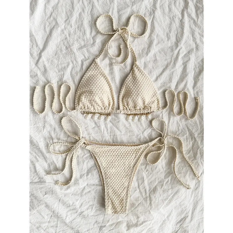 Halter lace-up bikini in milky white, front view, polyester fiber fabric, women's swimsuit on beach
