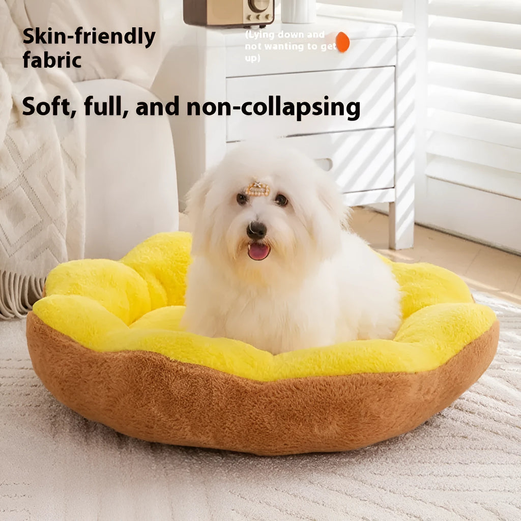 Round rabbit plush cat bed with detachable cover in yellow brown colour on grey background