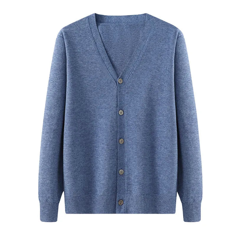 Men's V-neck cardigan coat in Andy velvet fabric showing loose fit and texture detail