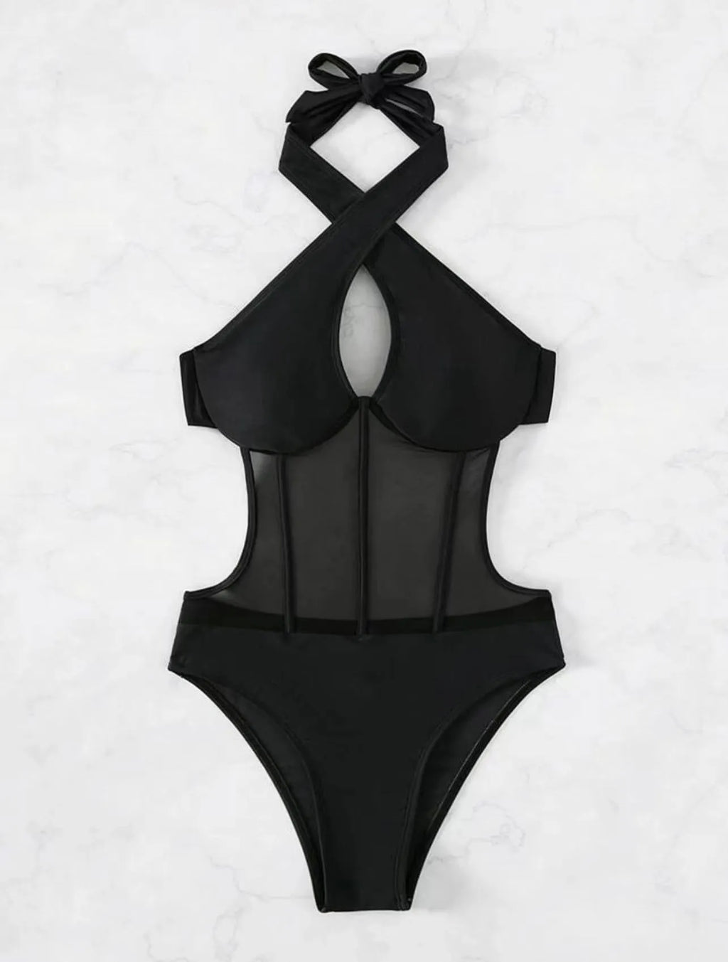 Women's black one-piece swimsuit bikini made from nylon and spandex fabric on a mannequin.
