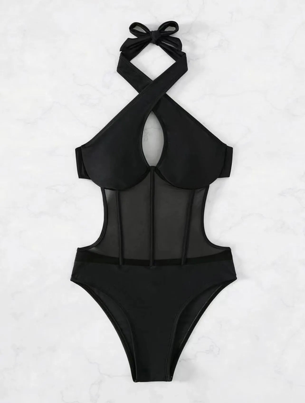 Women's black one-piece swimsuit bikini made from nylon and spandex fabric on a mannequin.