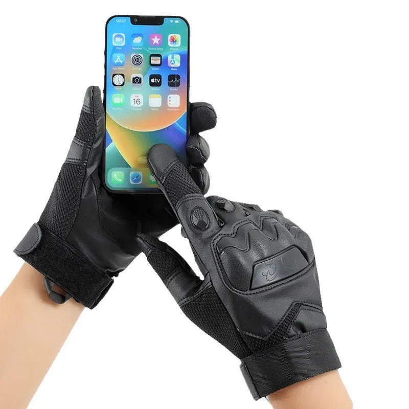 Men's black tactical gloves with touch screen compatible fingertips shown in medium size