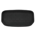 Minimalist black TPR car floor mats designed for Tesla Model Y, showing tailored fit in footwell area.