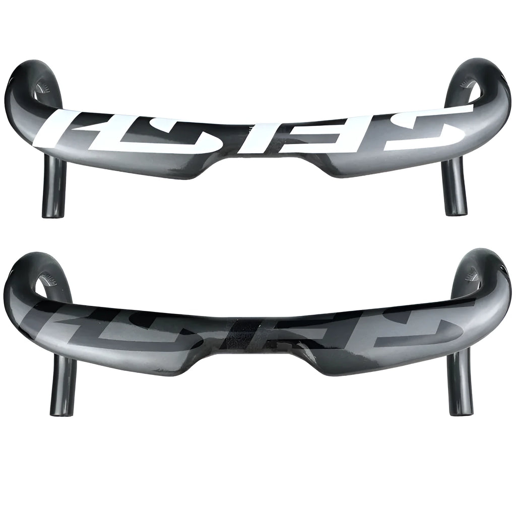 Carbon fibre road bike drop handlebar in black light finish with 31.8mm clamp and internal cable routing ports