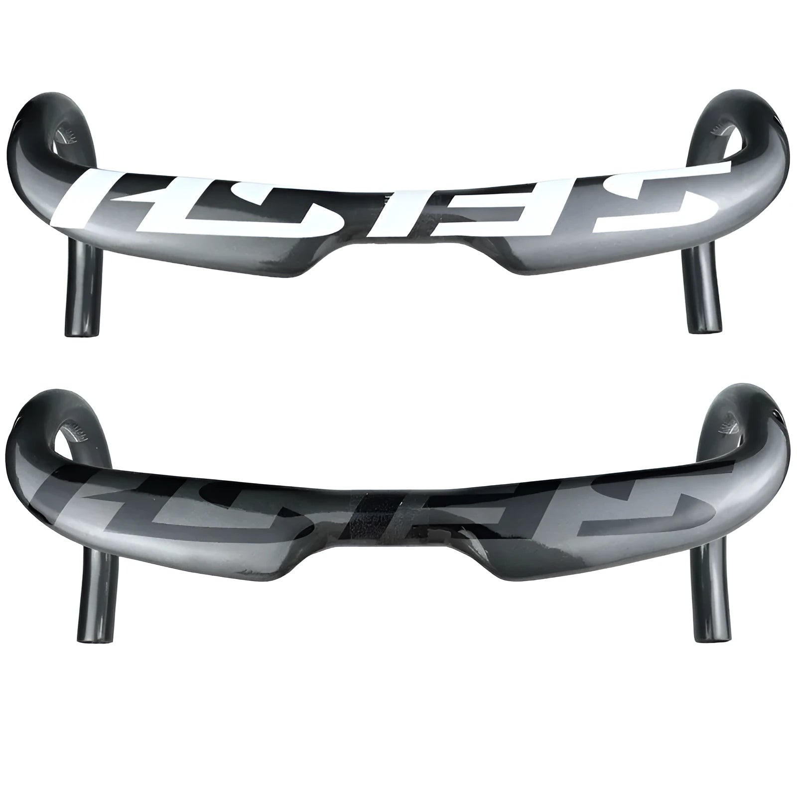 Carbon fibre road bike drop handlebar in black light finish with 31.8mm clamp and internal cable routing ports