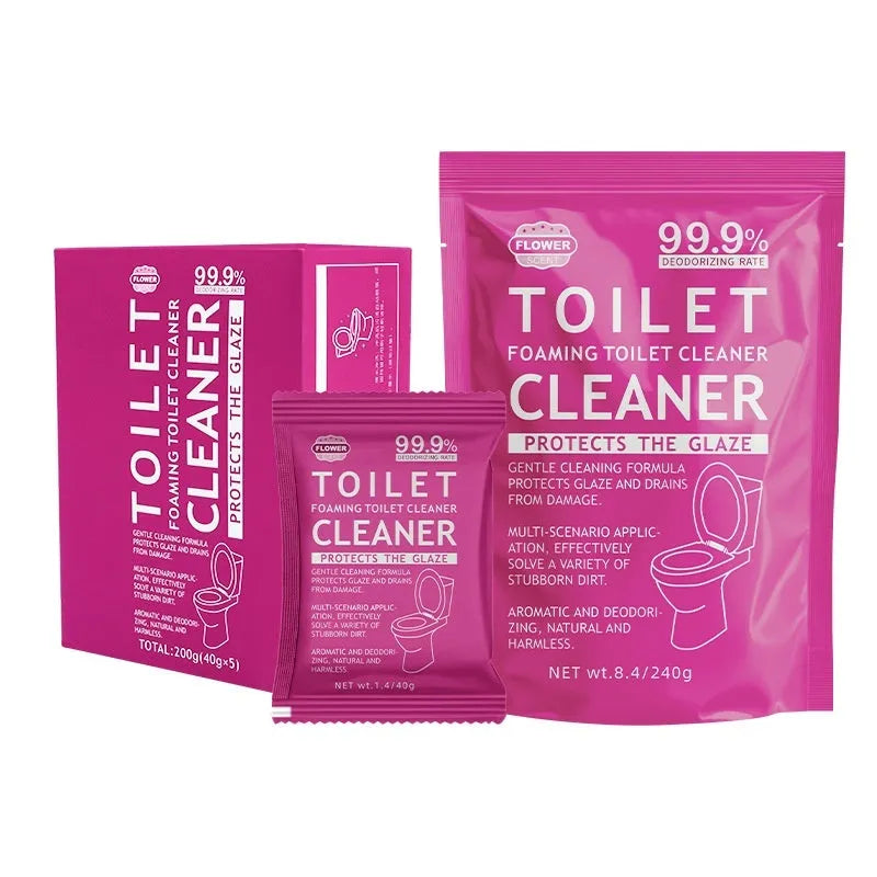 Box and bag of toilet cleaning bubble powder in blue and pink fragrances for descaling.