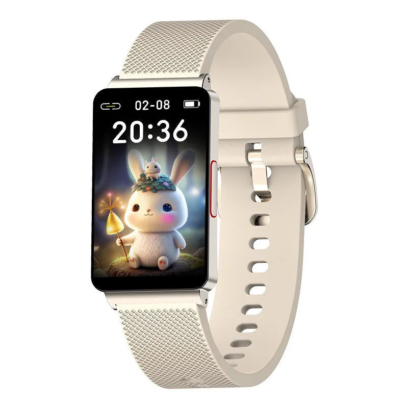 EP08 smart bracelet with touch screen on a wrist, showing black, gold, and silver TPU strap options.