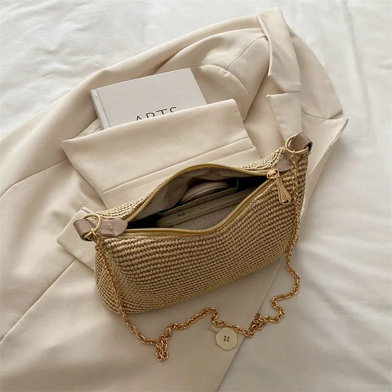 Women's woven straw crossbody bag in horizontal square shape with phone pocket, khaki colour