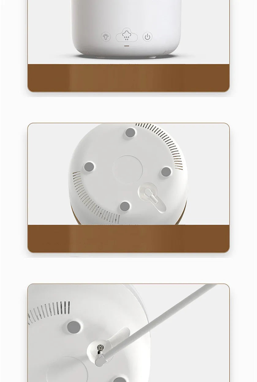 White plastic New Cloud Rain Air Humidifier with 500ml water tank and 7-colour atmosphere light on a wooden desk