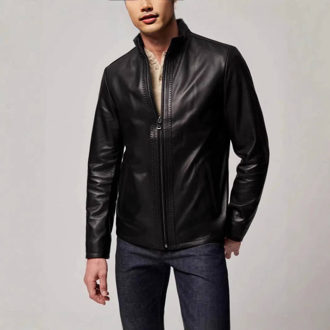 Men's retro black polyester fibre leather-style jacket, regular fit, long sleeves, straight hem, front view