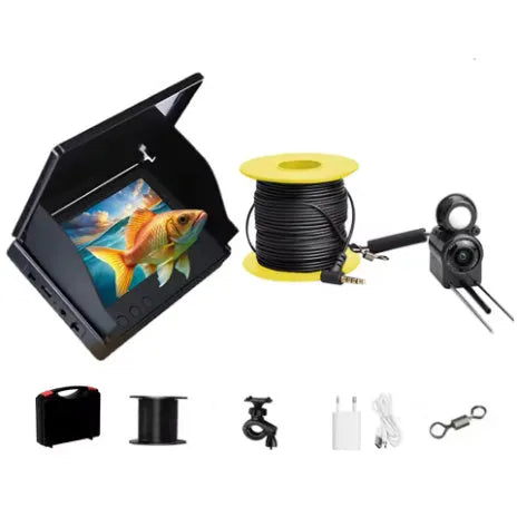 Fish finder underwater camera with 4.3 inch screen, showing HD underwater view with night vision lights on.
