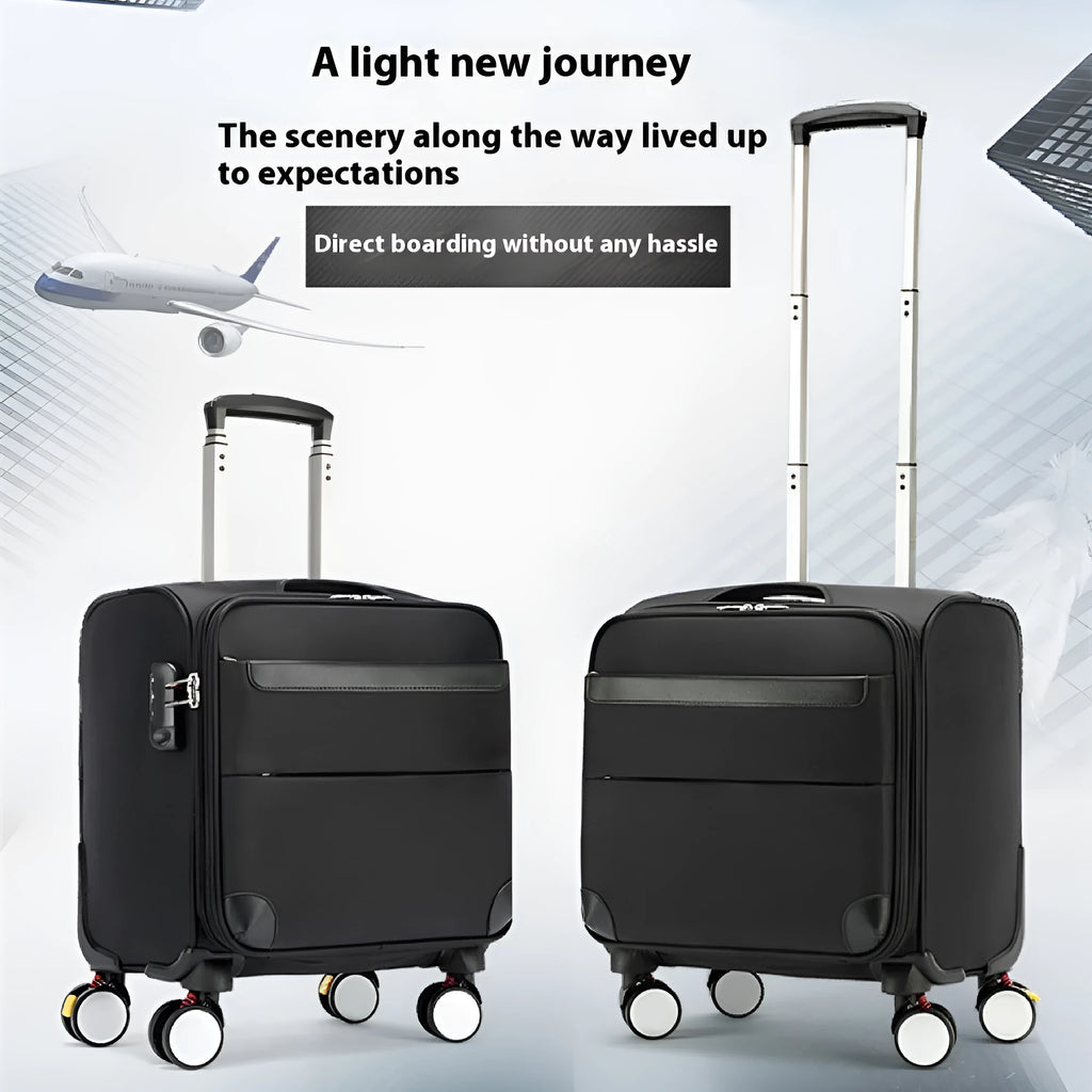 Black 18-inch Oxford cloth carry-on luggage with universal wheels and retractable handle