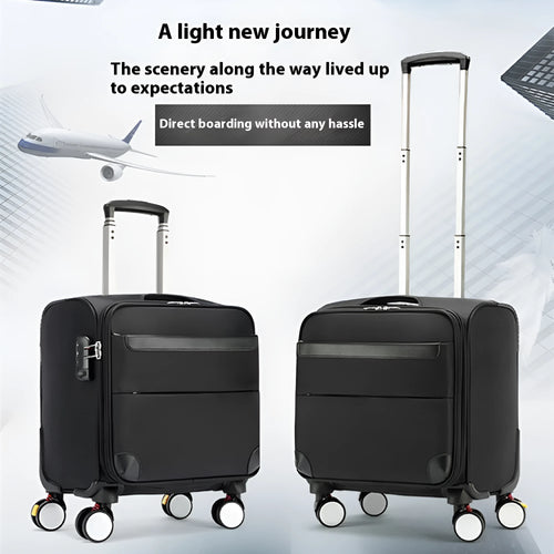 Black 18-inch Oxford cloth carry-on luggage with universal wheels and retractable handle